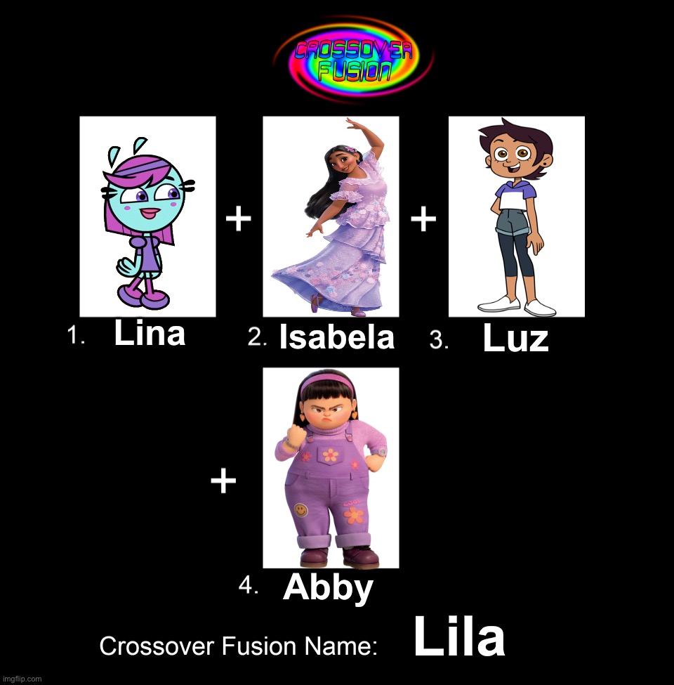 Crossover Fusion - Team L.I.L.A. Lina Isabela Luz and Abby (Lila) | Lina; Luz; Isabela; Abby; Lila | image tagged in crossover fusion - 4 characters template,yin yang yo,turning red,encanto,the owl house,lila | made w/ Imgflip meme maker