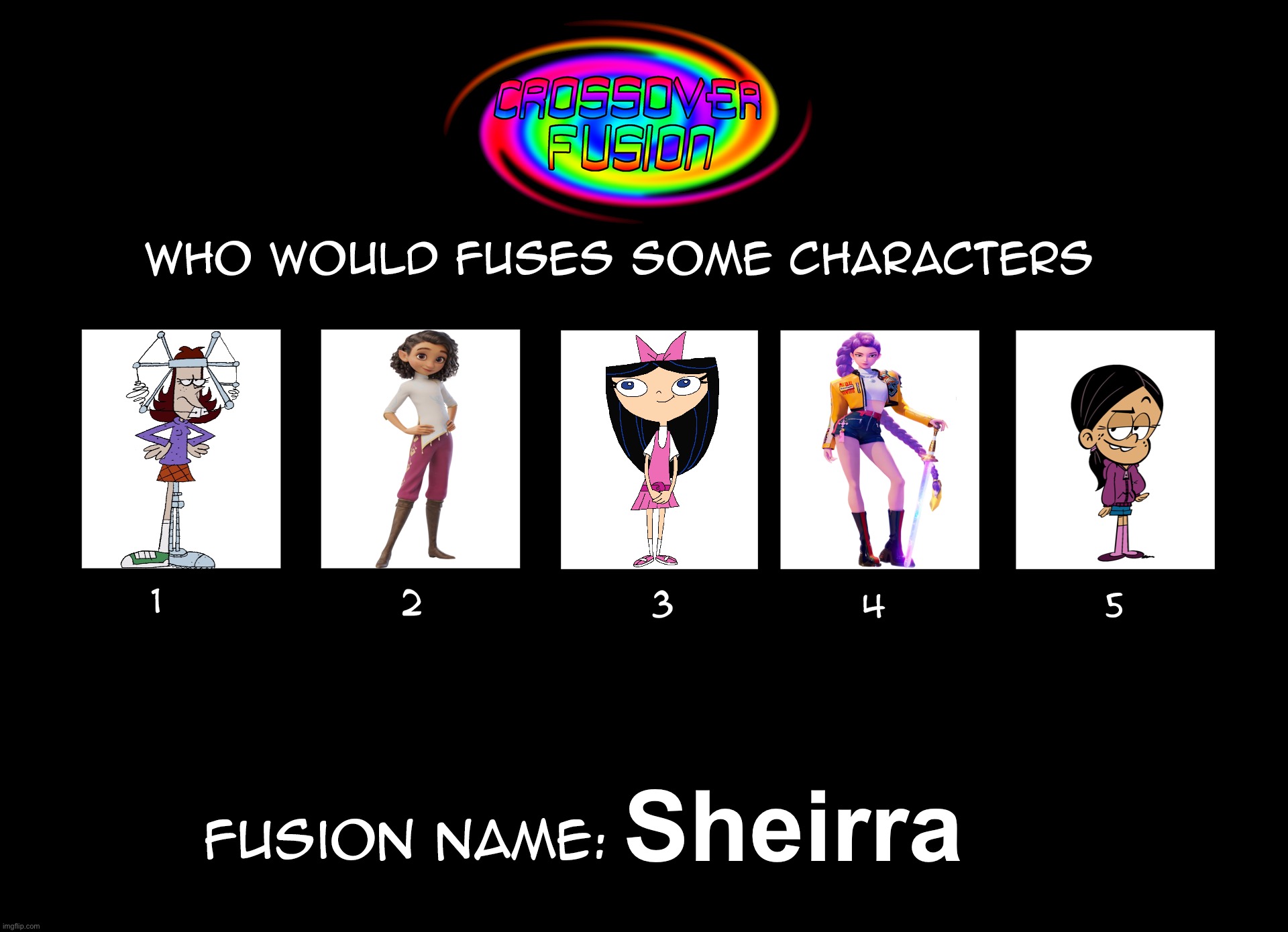 Crossover Fusion - Shannon Ellian Isabella Rumi and Ronnie Anne Sheirra | Sheirra | image tagged in 5 fusion template,whatever happened to robot jones,spellbound,phineas and ferb,kpop demon hunters,the loud house | made w/ Imgflip meme maker