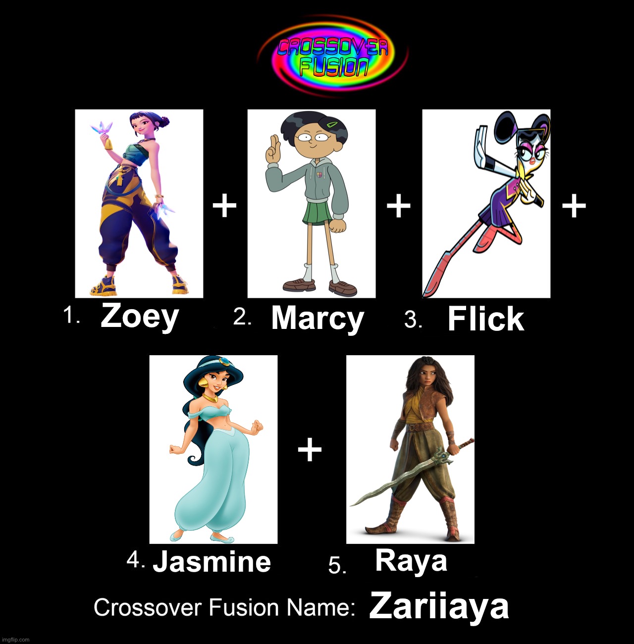 Character Fusion - Zoey Marcy Flick Jasmine and Raya | Zoey; Marcy; Flick; Jasmine; Raya; Zariiaya | image tagged in crossover fusion - 5 characters template,kpop demon hunters,amphibia,chuck chicken,aladdin,raya and the last dragon | made w/ Imgflip meme maker