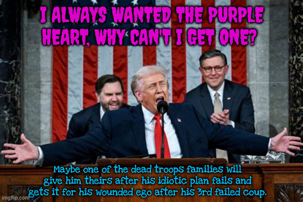 Trump's Purple Heart | I ALWAYS WANTED THE PURPLE HEART, WHY CAN'T I GET ONE? Maybe one of the dead troops families will give him theirs after his idiotic plan fails and gets it for his wounded ego after his 3rd failed coup. | image tagged in trump's purple heart,trump's 3rd coup failure,peace prize,sneak attack,bone spurs awarded purple heart | made w/ Imgflip meme maker