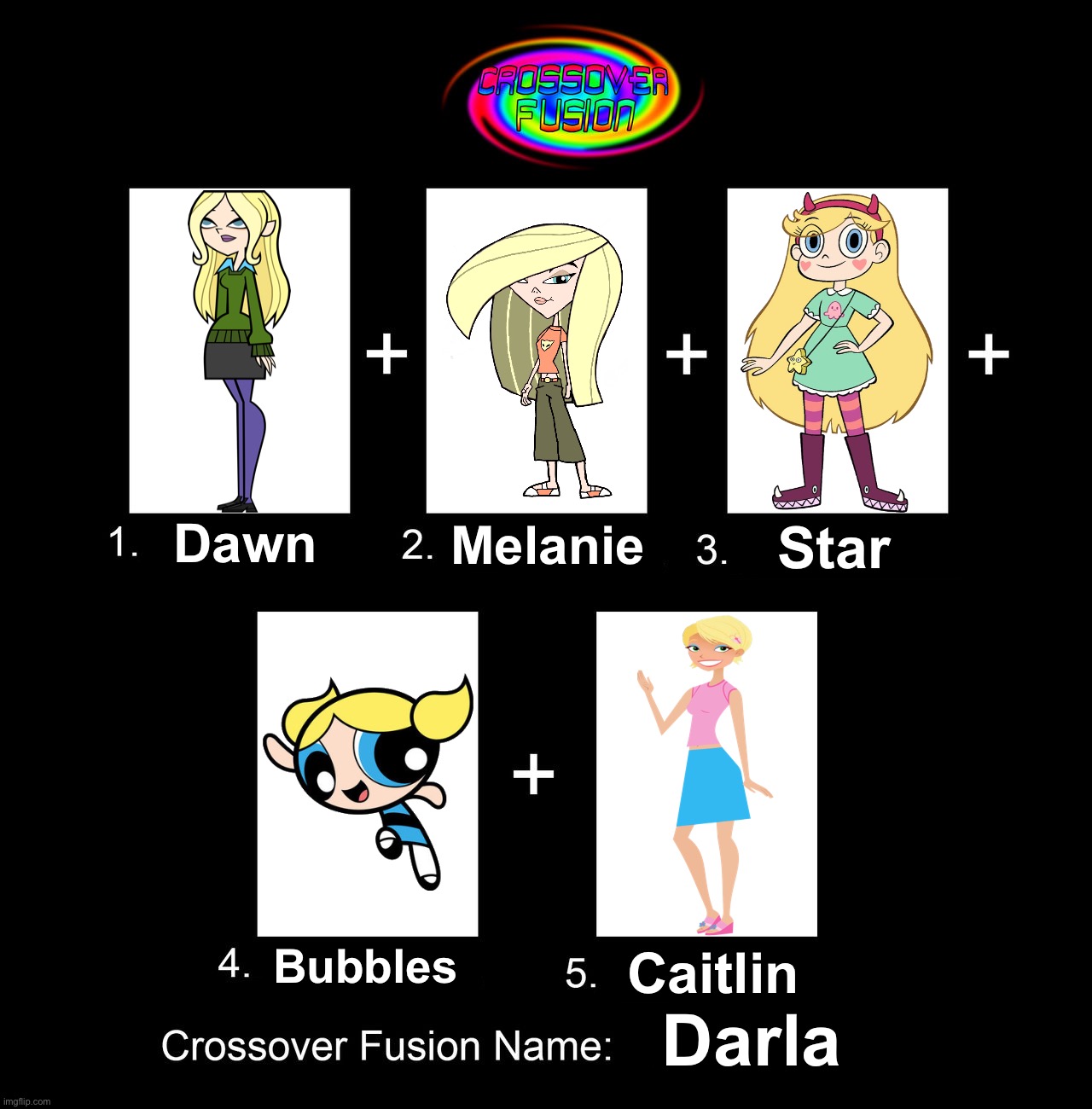 Crossover Fusion - 5 Blonde Girls | Dawn; Melanie; Star; Bubbles; Caitlin; Darla | image tagged in crossover fusion - 5 characters template,total drama,growing up creepie,star vs the forces of evil,powerpuff girls,6teen | made w/ Imgflip meme maker