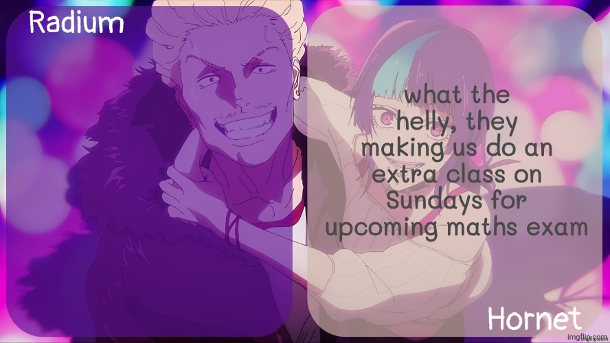 Radium n Hornet announcement template | what the helly, they making us do an extra class on Sundays for upcoming maths exam | image tagged in radium n hornet announcement template | made w/ Imgflip meme maker