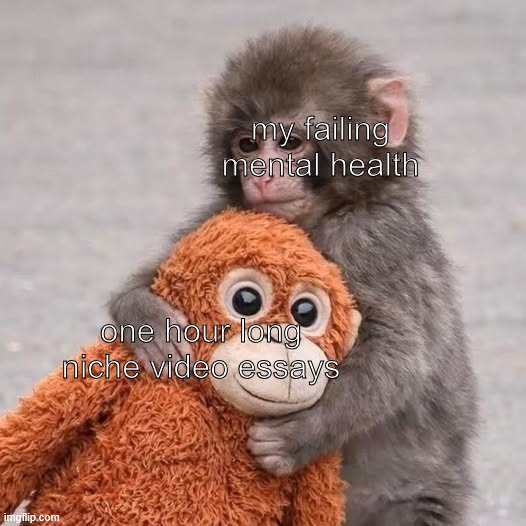 video essays | my failing mental health; one hour long niche video essays | image tagged in punch monkey | made w/ Imgflip meme maker