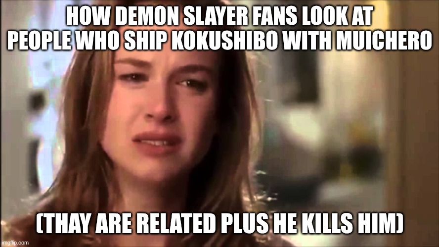 one of the worst ships out there in my oppinen | HOW DEMON SLAYER FANS LOOK AT PEOPLE WHO SHIP KOKUSHIBO WITH MUICHERO; (THAY ARE RELATED PLUS HE KILLS HIM) | image tagged in you had me at hello,demon slayer | made w/ Imgflip meme maker