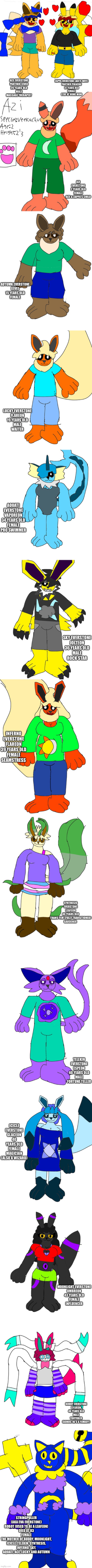 Ace's ENTIRE family | ACE EVERSTONE
PARTNER EEVEE
29 YEARS OLD
MALE
MASSAGE THERAPIST; ZAPPA EVERSTONE (ACE'S WIFE)
PARTNER PIKACHU
31 YEARS OLD
FEMALE
STAY AT HOME MOM; AZI EVERSTONE
2 YEARS OLD
FEMALE
ACE & ZAPPA'S CHILD; AUTUMN EVERSTONE
EEVEE
15 YEARS OLD
FEMALE; LUCKY EVERSTONE
FLAREON
19 YEARS OLD
MALE
WAITER; AQUATI EVERSTONE
VAPOREON
34 YEARS OLD
FEMALE
PRO SWIMMER; SKY EVERSTONE
JOLTEON
36 YEARS OLD
MALE
ROCK STAR; INFERNO EVERSTONE
FLAREON
39 YEARS OLD
FEMALE
SEAMSTRESS; SYNTHESIS EVERSTONE
LEAFEON
40 YEARS OLD
TRANS-FEM (FULLY TRANSITIONED)
GARDENER; TELEKIN EVERSTONE
ESPEON
40 YEARS OLD
MALE
FORTUNE TELLER; ICICLE EVERSTONE
GLACEON
40 YEARS OLD
FEMALE
MAGICIAN (ALSO A WIZARD); MOONLIGHT EVERSTONE
UMBREON
43 YEARS OLD
FEMALE
INFLUENCER; BUDDY EVERSTONE
SYLVEON
46 YEARS OLD
MALE
YOUTUBER
(BONUS: HE'S A FEMBOY); STRINGPULLER (AKA EVA EVERSTONE)
ROBOT (USED TO BE A LEAFEON)
DIED AT 83
FEMALE
THE MOTHER OF BUDDY, MOONLIGHT, ICICLE, TELEKIN, SYNTHESIS, INFERNO, SKY, AQUATI, ACE, LUCKY AND AUTUMN | image tagged in sans of topic | made w/ Imgflip meme maker