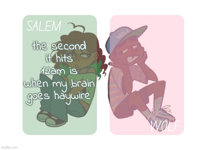 meowowowow | the second it hits 12am is when my brain goes haywire | image tagged in moons n foxed - salem and wolf temp 4 | made w/ Imgflip meme maker