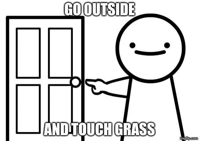 Get Out | GO OUTSIDE AND TOUCH GRASS | image tagged in get out | made w/ Imgflip meme maker