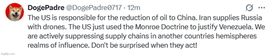 China and Russia can both now use the Monroe Doctrine to attack | image tagged in iran,israel,china,russia,venezuela,oil | made w/ Imgflip meme maker