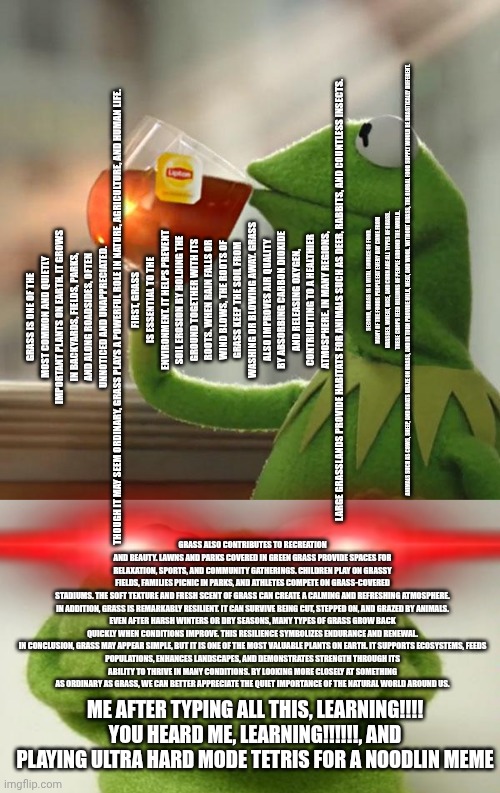 When u so smort Kermit is obscured | FIRST, GRASS IS ESSENTIAL TO THE ENVIRONMENT. IT HELPS PREVENT SOIL EROSION BY HOLDING THE GROUND TOGETHER WITH ITS ROOTS. WHEN RAIN FALLS OR WIND BLOWS, THE ROOTS OF GRASS KEEP THE SOIL FROM WASHING OR BLOWING AWAY. GRASS ALSO IMPROVES AIR QUALITY BY ABSORBING CARBON DIOXIDE AND RELEASING OXYGEN, CONTRIBUTING TO A HEALTHIER ATMOSPHERE. IN MANY REGIONS, LARGE GRASSLANDS PROVIDE HABITATS FOR ANIMALS SUCH AS DEER, RABBITS, AND COUNTLESS INSECTS. GRASS IS ONE OF THE MOST COMMON AND QUIETLY IMPORTANT PLANTS ON EARTH. IT GROWS IN BACKYARDS, FIELDS, PARKS, AND ALONG ROADSIDES, OFTEN UNNOTICED AND UNAPPRECIATED. THOUGH IT MAY SEEM ORDINARY, GRASS PLAYS A POWERFUL ROLE IN NATURE, AGRICULTURE, AND HUMAN LIFE. SECOND, GRASS IS A VITAL SOURCE OF FOOD. MANY OF THE FOODS PEOPLE EAT EVERY DAY COME FROM GRASSES. WHEAT, RICE, AND CORN ARE ALL TYPES OF GRASS. THESE CROPS FEED BILLIONS OF PEOPLE AROUND THE WORLD. ANIMALS SUCH AS COWS, SHEEP, AND GOATS GRAZE ON GRASS, AND IN TURN PROVIDE MILK, MEAT, AND WOOL. WITHOUT GRASS, THE GLOBAL FOOD SUPPLY WOULD BE DRASTICALLY DIFFERENT. GRASS ALSO CONTRIBUTES TO RECREATION AND BEAUTY. LAWNS AND PARKS COVERED IN GREEN GRASS PROVIDE SPACES FOR RELAXATION, SPORTS, AND COMMUNITY GATHERINGS. CHILDREN PLAY ON GRASSY FIELDS, FAMILIES PICNIC IN PARKS, AND ATHLETES COMPETE ON GRASS-COVERED STADIUMS. THE SOFT TEXTURE AND FRESH SCENT OF GRASS CAN CREATE A CALMING AND REFRESHING ATMOSPHERE.

IN ADDITION, GRASS IS REMARKABLY RESILIENT. IT CAN SURVIVE BEING CUT, STEPPED ON, AND GRAZED BY ANIMALS. EVEN AFTER HARSH WINTERS OR DRY SEASONS, MANY TYPES OF GRASS GROW BACK QUICKLY WHEN CONDITIONS IMPROVE. THIS RESILIENCE SYMBOLIZES ENDURANCE AND RENEWAL.

IN CONCLUSION, GRASS MAY APPEAR SIMPLE, BUT IT IS ONE OF THE MOST VALUABLE PLANTS ON EARTH. IT SUPPORTS ECOSYSTEMS, FEEDS POPULATIONS, ENHANCES LANDSCAPES, AND DEMONSTRATES STRENGTH THROUGH ITS ABILITY TO THRIVE IN MANY CONDITIONS. BY LOOKING MORE CLOSELY AT SOMETHING AS ORDINARY AS GRASS, WE CAN BETTER APPRECIATE THE QUIET IMPORTANCE OF THE NATURAL WORLD AROUND US. ME AFTER TYPING ALL THIS, LEARNING!!!! YOU HEARD ME, LEARNING!!!!!!, AND PLAYING ULTRA HARD MODE TETRIS FOR A NOODLIN MEME | image tagged in kermit and angry kermit | made w/ Imgflip meme maker