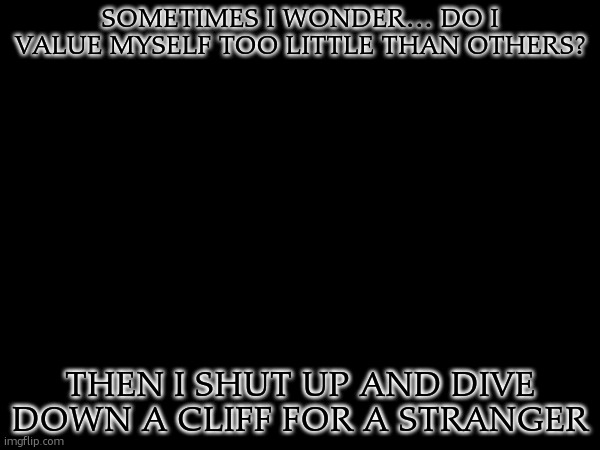 and i dont regret any of it | SOMETIMES I WONDER… DO I VALUE MYSELF TOO LITTLE THAN OTHERS? THEN I SHUT UP AND DIVE DOWN A CLIFF FOR A STRANGER | made w/ Imgflip meme maker