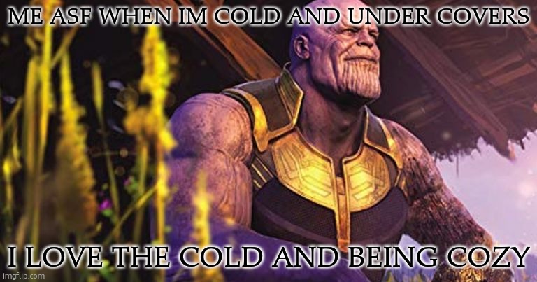Thanos Sitting Infinity War | ME ASF WHEN IM COLD AND UNDER COVERS; I LOVE THE COLD AND BEING COZY | image tagged in thanos sitting infinity war | made w/ Imgflip meme maker