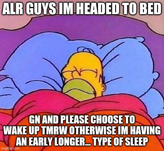 Homer Simpson sleeping peacefully | ALR GUYS IM HEADED TO BED; GN AND PLEASE CHOOSE TO WAKE UP TMRW OTHERWISE IM HAVING AN EARLY LONGER... TYPE OF SLEEP | image tagged in homer simpson sleeping peacefully | made w/ Imgflip meme maker
