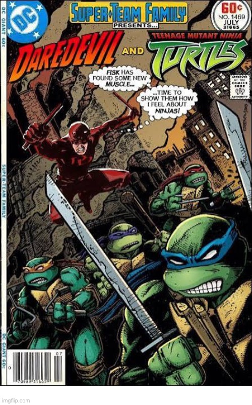 “The Man Without Fear” meets “Heroes on the Half-Shell”… | image tagged in comics,daredevil,teenage mutant ninja turtles,crossover,super team family | made w/ Imgflip meme maker