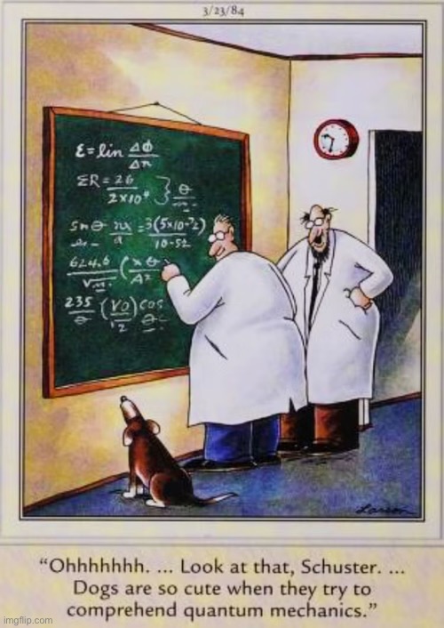 Dogs and science… | image tagged in the far side,comics,scientists,dog,cute,quantum mechanics | made w/ Imgflip meme maker