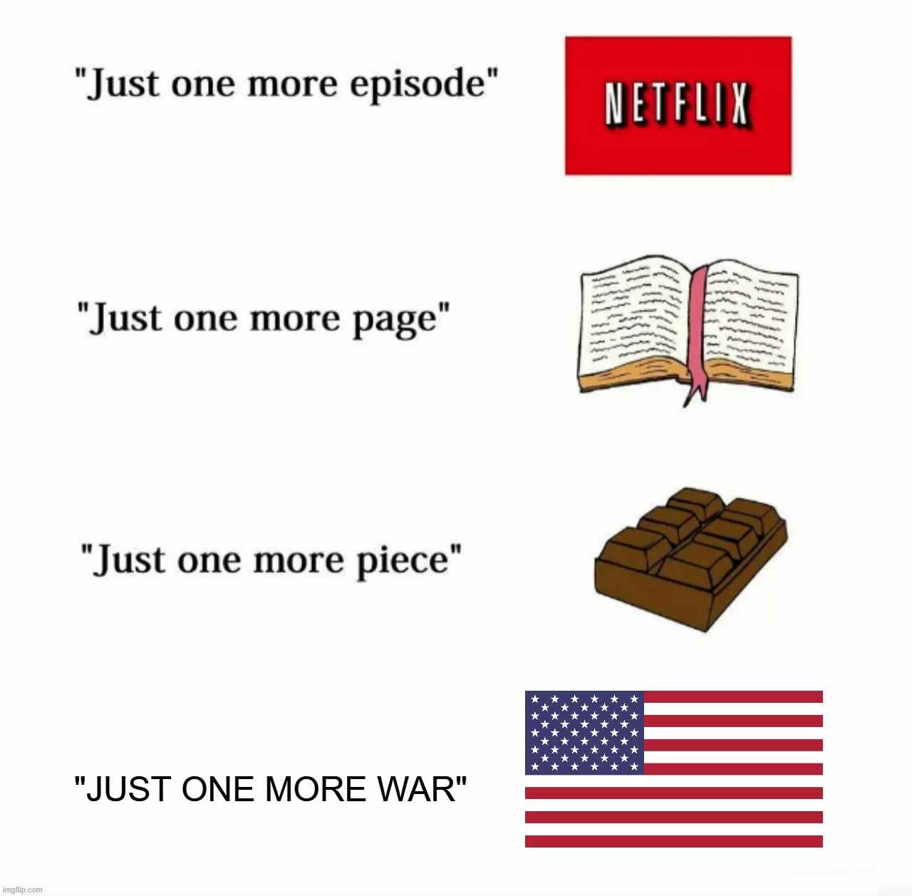 "Just One More War, Bruh! Believe Us, We Are the Good Guys This Time, I Swear!!!" -Said the Great Satan and World's #1 Terrorist | "JUST ONE MORE WAR" | image tagged in just one more,america,america is the great satan,iran,israel,terrorist | made w/ Imgflip meme maker