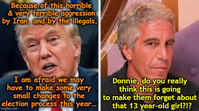 Forget the Epstein Files | Because of this horrible & very terrible aggression by Iran, and by the illegals, Donnie, do you really think this is going to make them forget about   that 13 year-old girl?!? I am afraid we may have to make some very small changes to the election process this year… | image tagged in donald trump approves,pedophiles,jeffrey epstein,president trump,pedophilia,donald trump you're fired | made w/ Imgflip meme maker