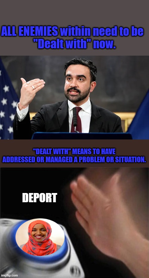 HIM & HER are #1 & #2 in my book Then the rest of the Squad . Then just start at the TOP of DEM party TRAITORS | ALL ENEMIES within need to be  

"Dealt with" now. "DEALT WITH" MEANS TO HAVE ADDRESSED OR MANAGED A PROBLEM OR SITUATION. DEPORT | image tagged in memes,blank nut button | made w/ Imgflip meme maker