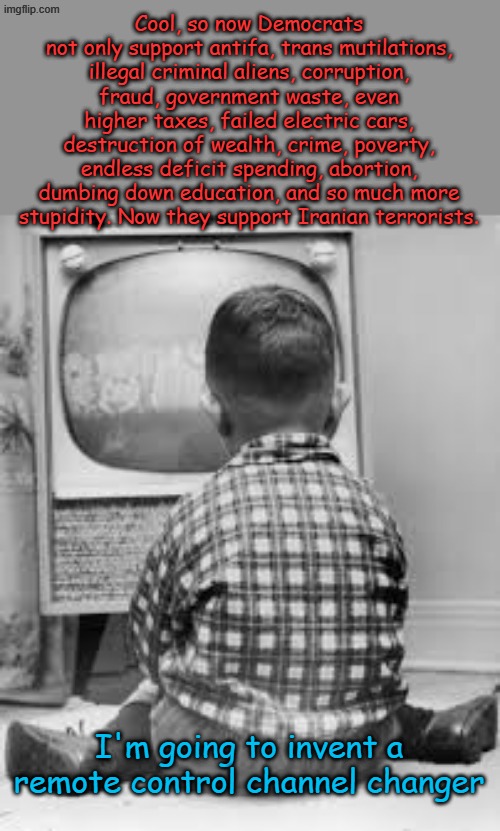 One of these days, pow! Right in the kisser. | Cool, so now Democrats not only support antifa, trans mutilations, illegal criminal aliens, corruption, fraud, government waste, even higher taxes, failed electric cars, destruction of wealth, crime, poverty, endless deficit spending, abortion, dumbing down education, and so much more stupidity. Now they support Iranian terrorists. I'm going to invent a remote control channel changer | image tagged in tv | made w/ Imgflip meme maker