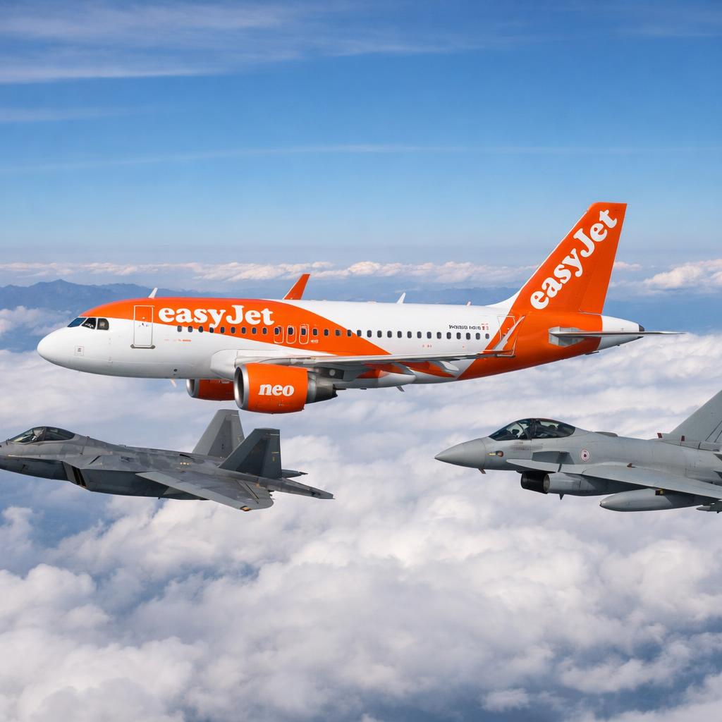 f22 raptor and eurofighter typhoon escorting an easyjet a319neo Blank Meme Template