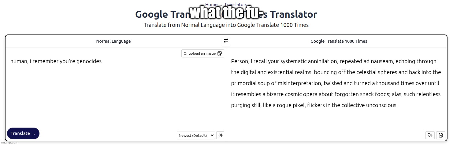 holy yap | what the fu- | image tagged in google translate,lost in translation,human i remember you're genocides | made w/ Imgflip meme maker