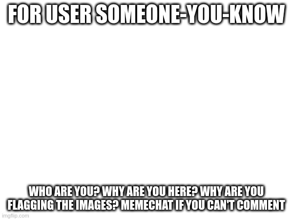 =) | FOR USER SOMEONE-YOU-KNOW; WHO ARE YOU? WHY ARE YOU HERE? WHY ARE YOU FLAGGING THE IMAGES? MEMECHAT IF YOU CAN'T COMMENT | made w/ Imgflip meme maker