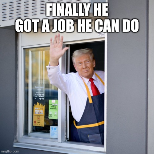 I want a double chesseburgee | FINALLY HE GOT A JOB HE CAN DO | image tagged in trump mcdonald's drive-thru | made w/ Imgflip meme maker