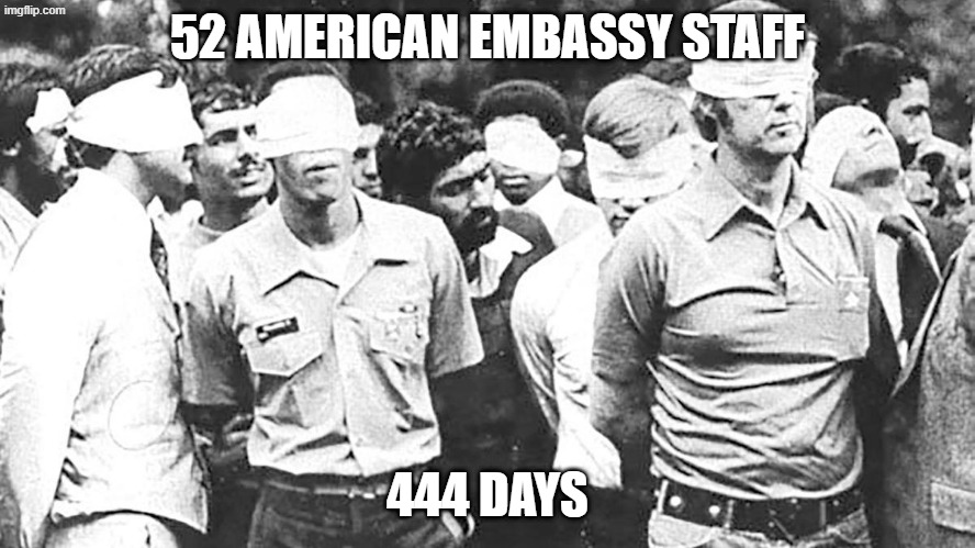 Pictures of Hostages In Iran in 1979 | 52 AMERICAN EMBASSY STAFF 444 DAYS | image tagged in pictures of hostages in iran in 1979 | made w/ Imgflip meme maker
