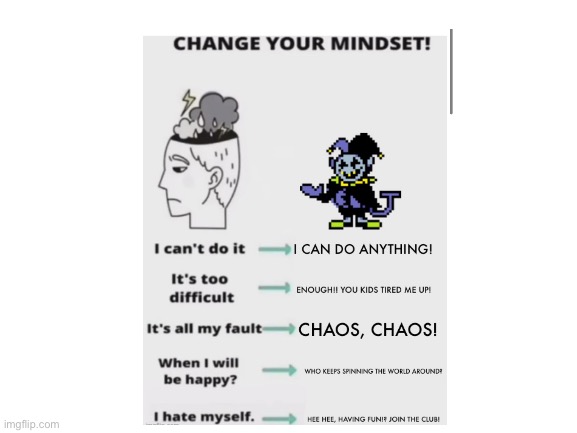 Change your mindset to chaos | image tagged in blank white template | made w/ Imgflip meme maker