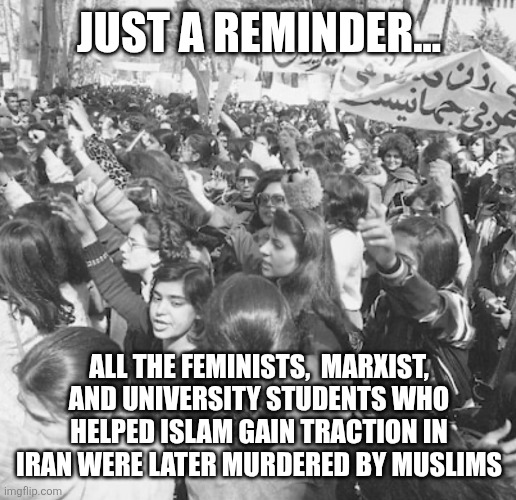 JUST A REMINDER... ALL THE FEMINISTS,  MARXIST, AND UNIVERSITY STUDENTS WHO HELPED ISLAM GAIN TRACTION IN IRAN WERE LATER MURDERED BY MUSLIMS | image tagged in funny memes | made w/ Imgflip meme maker