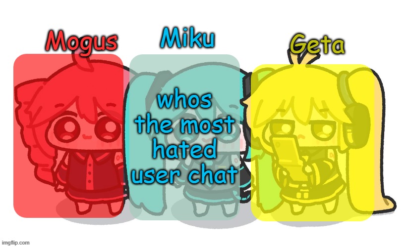 Mogus, Miku, and Geta shared temp | whos the most hated user chat | image tagged in mogus miku and geta shared temp | made w/ Imgflip meme maker