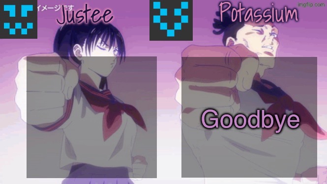 Justee n Potassium template | Goodbye | image tagged in justee n potassium template | made w/ Imgflip meme maker