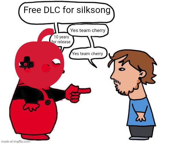 no mario blank | Free DLC for silksong; Yes team cherry; 10 years for release; Yes team cherry | image tagged in no mario blank | made w/ Imgflip meme maker