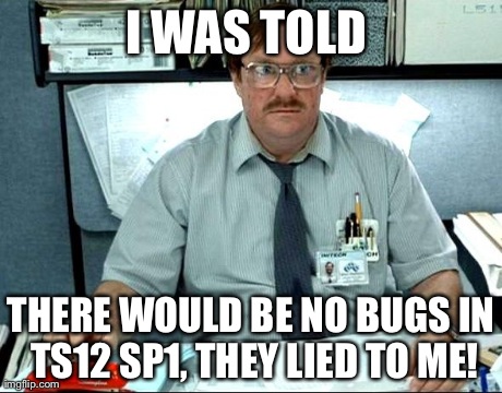 I Was Told There Would Be Meme | I WAS TOLD  THERE WOULD BE NO BUGS IN TS12 SP1, THEY LIED TO ME! | image tagged in memes,i was told there would be | made w/ Imgflip meme maker