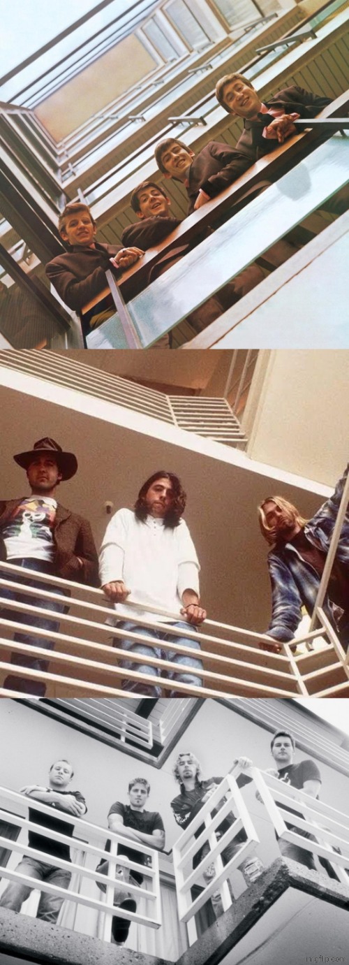 3 rock bands looking down from balconies (The Beatles, Nirvana, Nickelback) | made w/ Imgflip meme maker