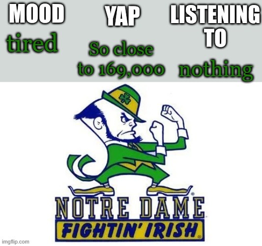 Notre_Dame_fan102's Second Announcement Temp | So close to 169,000; tired; nothing | image tagged in notre_dame_fan102's second announcement temp | made w/ Imgflip meme maker
