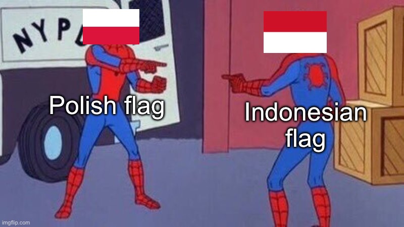 One’s the other upside down | Polish flag; Indonesian flag | image tagged in spiderman pointing at spiderman,poland,indonesia,flag | made w/ Imgflip meme maker