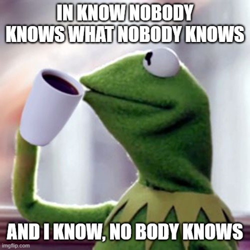 Kermit drinking coffee | IN KNOW NOBODY KNOWS WHAT NOBODY KNOWS; AND I KNOW, NO BODY KNOWS | image tagged in kermit drinking coffee | made w/ Imgflip meme maker