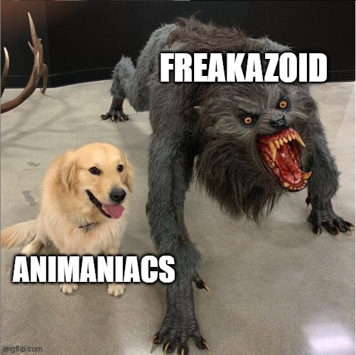 Amblin is a company | FREAKAZOID; ANIMANIACS | image tagged in dog vs werewolf | made w/ Imgflip meme maker