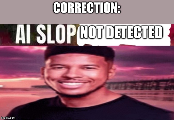 ai slop not detected | CORRECTION: | image tagged in ai slop not detected | made w/ Imgflip meme maker
