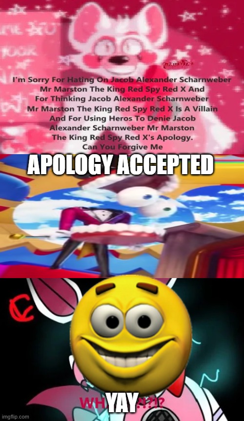 Who Denies Aguss320's Apology | APOLOGY ACCEPTED; YAY | image tagged in who denies aguss320's apology | made w/ Imgflip meme maker