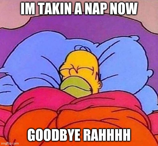 Homer Simpson sleeping peacefully | IM TAKIN A NAP NOW; GOODBYE RAHHHH | image tagged in homer simpson sleeping peacefully | made w/ Imgflip meme maker