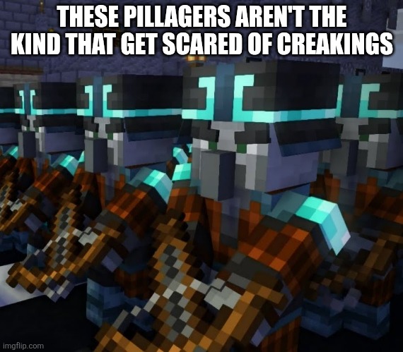 They sleep w/out teddy bears | THESE PILLAGERS AREN'T THE KIND THAT GET SCARED OF CREAKINGS | image tagged in minecraft dungeons pillagers marching | made w/ Imgflip meme maker