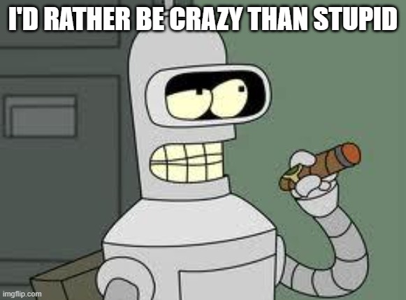 Bender | I'D RATHER BE CRAZY THAN STUPID | image tagged in bender | made w/ Imgflip meme maker
