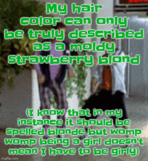 Breaking it down | My hair color can only be truly described as a moldy strawberry blond; (I know that in my instance it should be spelled blonde but womp womp being a girl doesn't mean I have to be girly) | image tagged in breaking it down | made w/ Imgflip meme maker