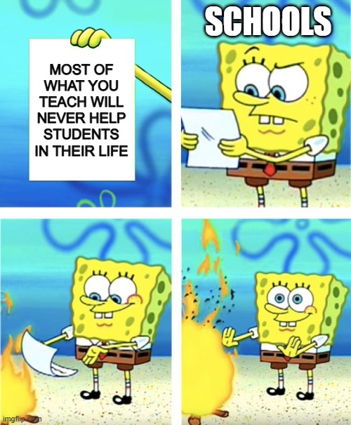 It's true though. | SCHOOLS; MOST OF WHAT YOU TEACH WILL NEVER HELP STUDENTS IN THEIR LIFE | image tagged in spongebob burning paper,school memes | made w/ Imgflip meme maker