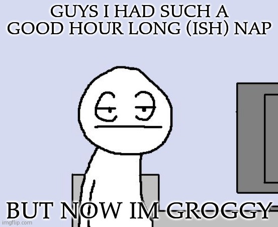 yoohoo | GUYS I HAD SUCH A GOOD HOUR LONG (ISH) NAP; BUT NOW IM GROGGY | image tagged in bored of this crap | made w/ Imgflip meme maker