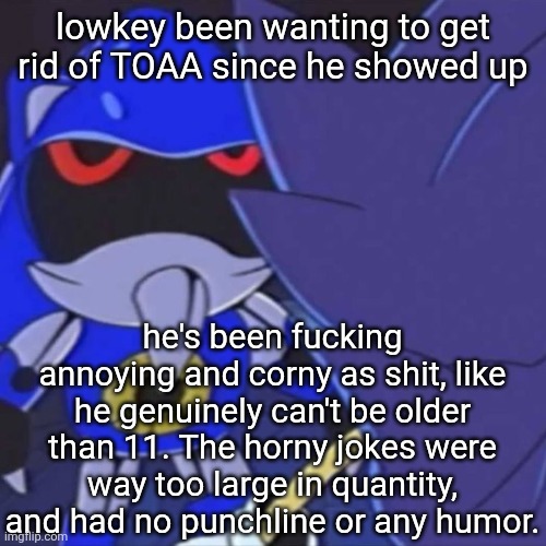 How the FUCK did you guys put up with me when I acted like this | lowkey been wanting to get rid of TOAA since he showed up; he's been fucking annoying and corny as shit, like he genuinely can't be older than 11. The horny jokes were way too large in quantity, and had no punchline or any humor. | image tagged in metal sonic | made w/ Imgflip meme maker