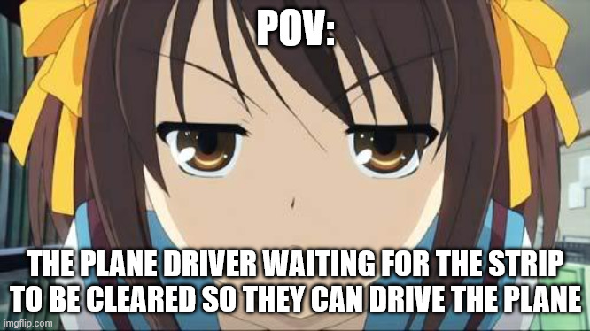 they are as bored as we are | POV:; THE PLANE DRIVER WAITING FOR THE STRIP TO BE CLEARED SO THEY CAN DRIVE THE PLANE | image tagged in haruhi stare,airplane,airport,airplanes,pov | made w/ Imgflip meme maker
