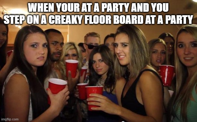 Awkward Party | WHEN YOUR AT A PARTY AND YOU STEP ON A CREAKY FLOOR BOARD AT A PARTY | image tagged in awkward party,reality | made w/ Imgflip meme maker