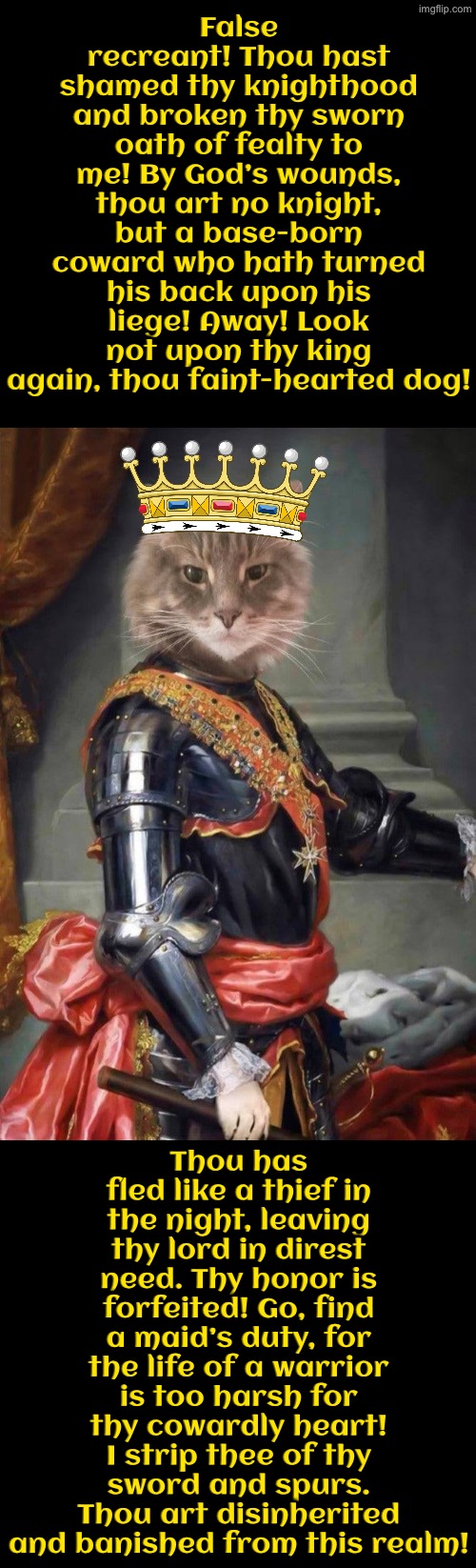 Thou Hast Shamed Thy knighthood | False recreant! Thou hast shamed thy knighthood and broken thy sworn oath of fealty to me! By God’s wounds, thou art no knight, but a base-born coward who hath turned his back upon his liege! Away! Look not upon thy king again, thou faint-hearted dog! Thou has fled like a thief in the night, leaving thy lord in direst need. Thy honor is forfeited! Go, find a maid’s duty, for the life of a warrior is too harsh for thy cowardly heart! I strip thee of thy sword and spurs. Thou art disinherited and banished from this realm! | image tagged in cats,medieval memes,knights,walk of shame,funny cats,cowards | made w/ Imgflip meme maker